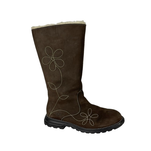 UGG 5463 BROWN LEATHER EMBROIDERED FLORAL SHEEPSKIN  RUBBER LUG SOLE WINTER BOOT - Picture 1 of 13
